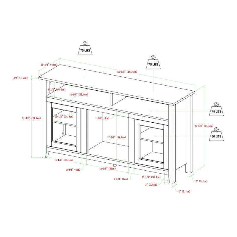 Meuble TV cheminée électrique Highboy 2 portes de 58 pouces