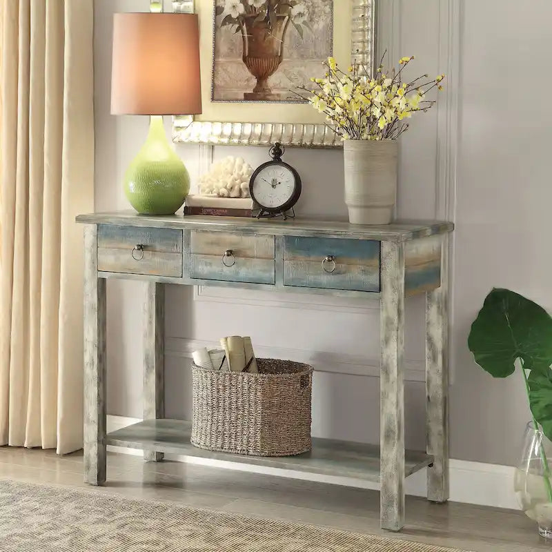 Console 3 tiroirs gris antique et sarcelle