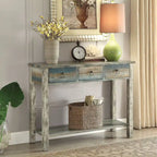 Console 3 tiroirs gris antique et sarcelle
