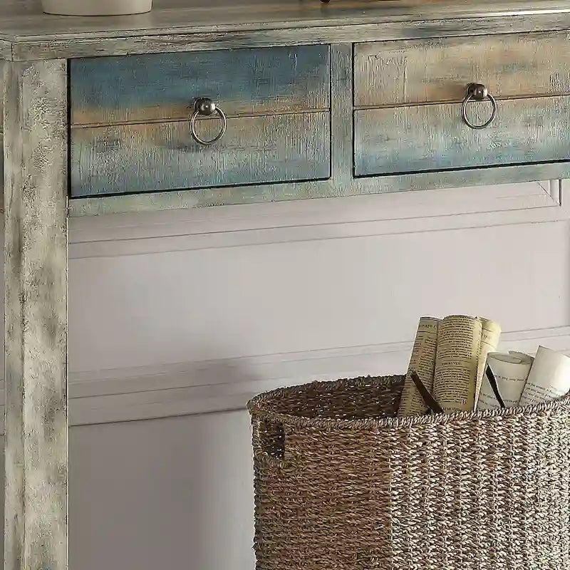 Console 3 tiroirs gris antique et sarcelle