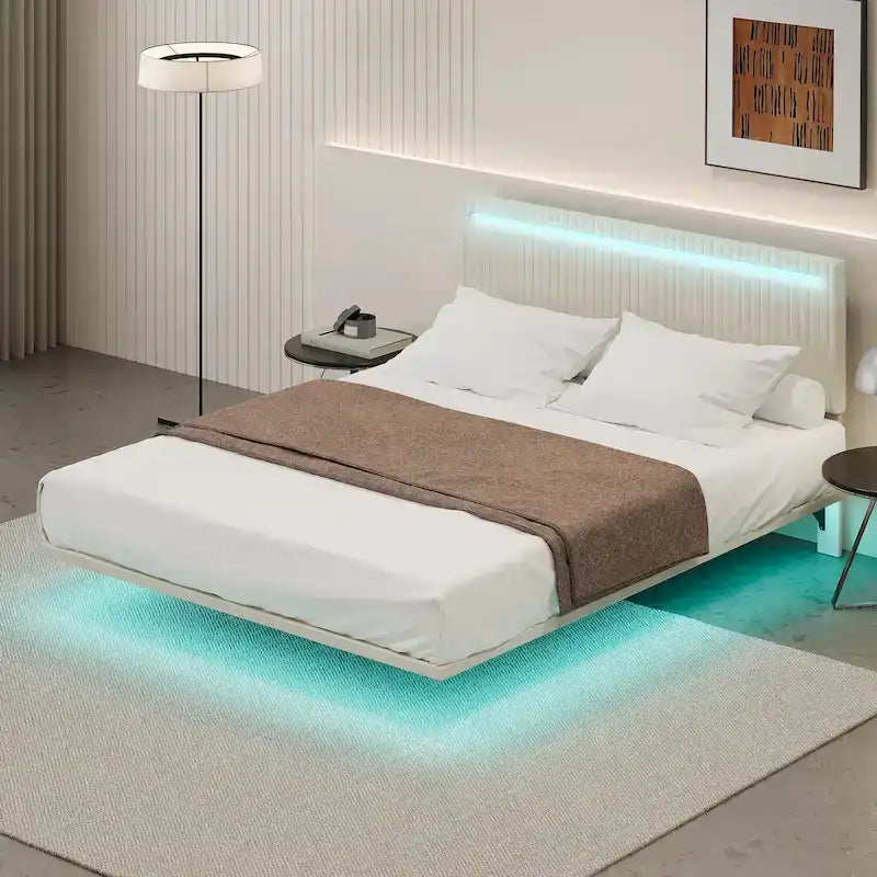 Cadre de lit double avec lumières LED et tête de lit réglable