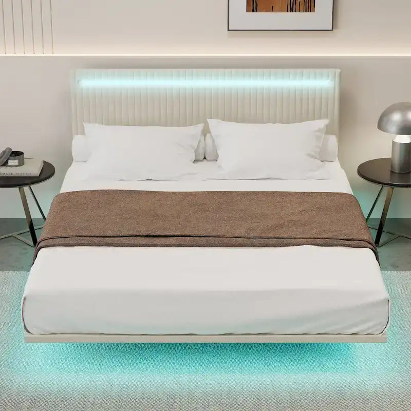 Cadre de lit double avec lumières LED et tête de lit réglable