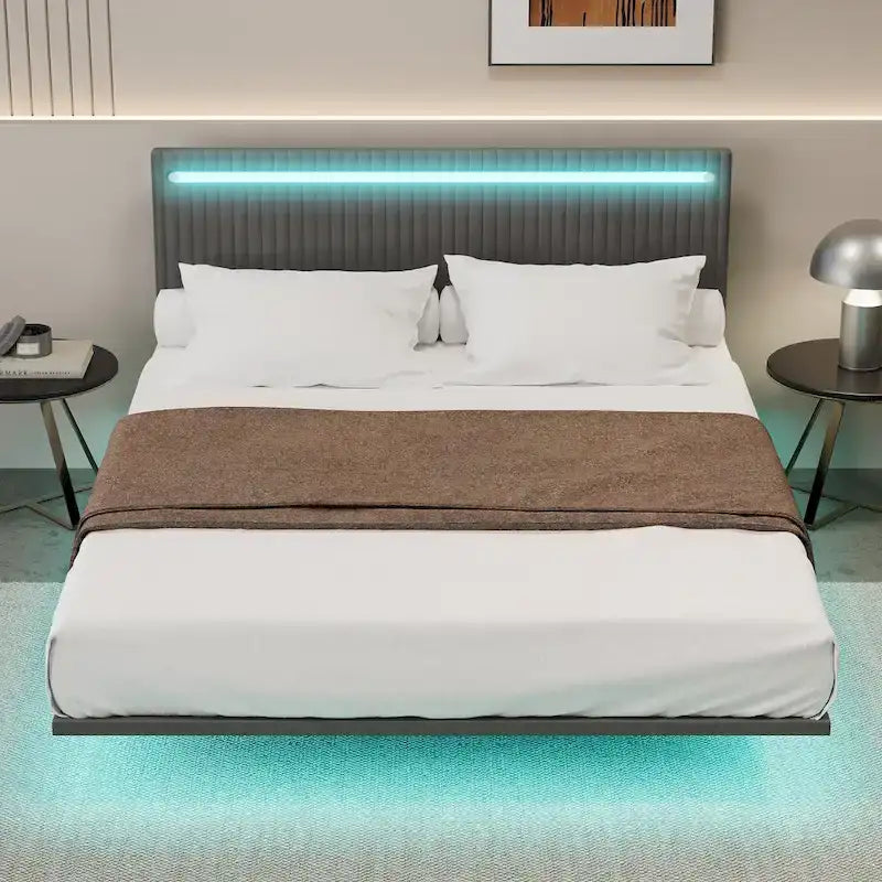 Cadre de lit double avec lumières LED et tête de lit réglable