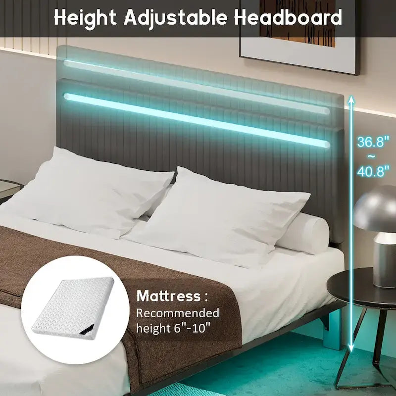 Cadre de lit double avec lumières LED et tête de lit réglable