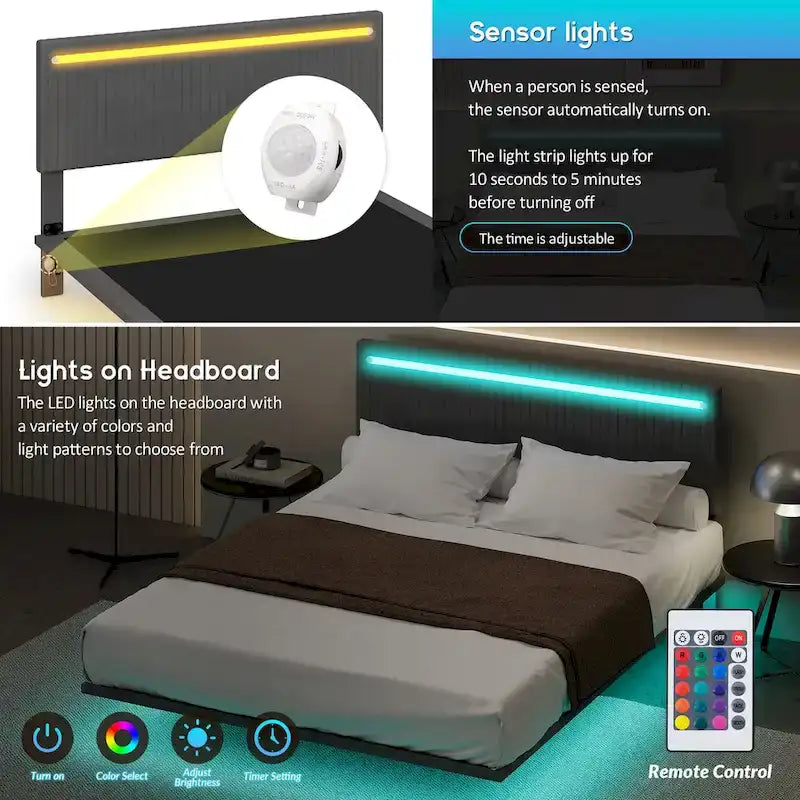 Cadre de lit double avec lumières LED et tête de lit réglable
