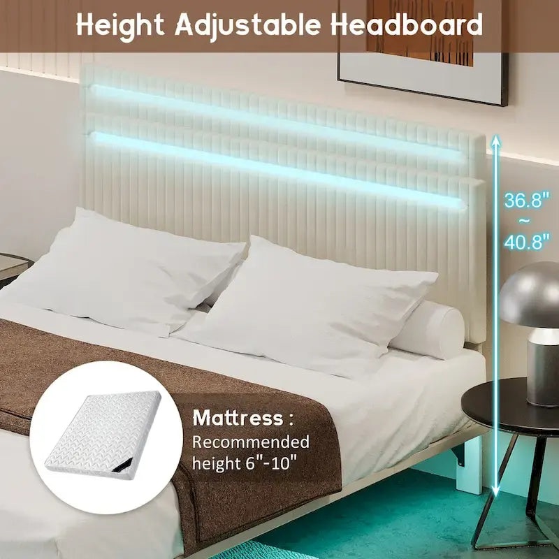 Cadre de lit double avec lumières LED et tête de lit réglable