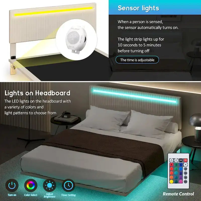 Cadre de lit double avec lumières LED et tête de lit réglable