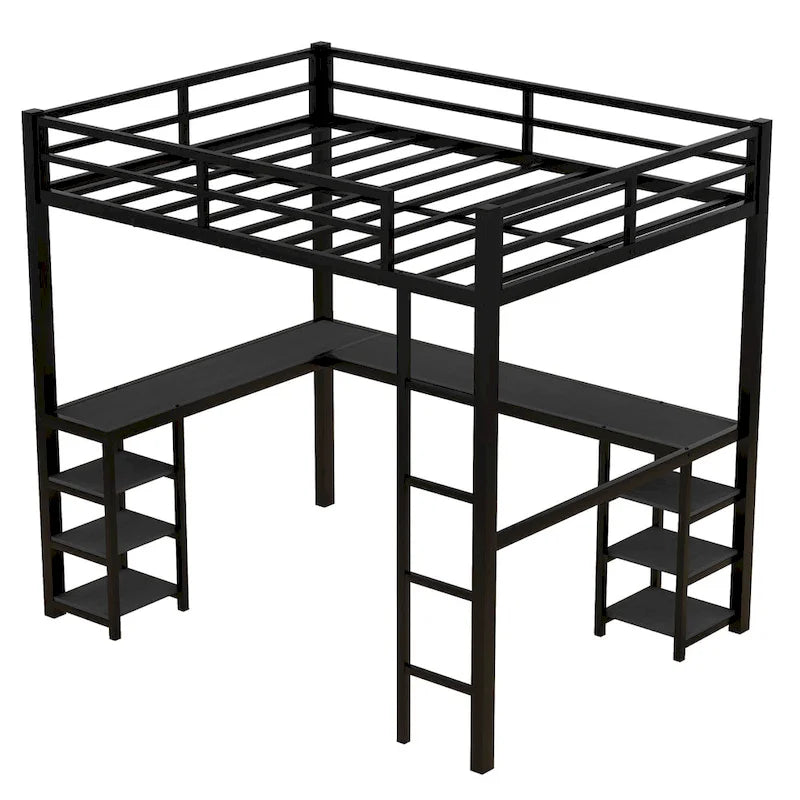 Full Metal Loft Bed with Desk and Shelves