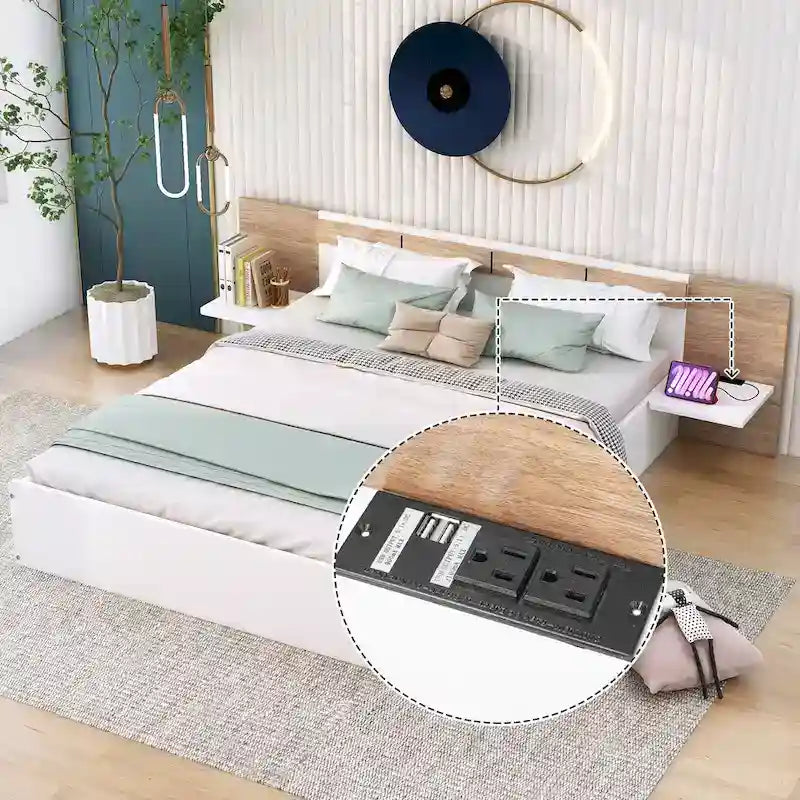 Lit plateforme grand format avec tiroirs de rangement, étagères, ports USB et prises électriques