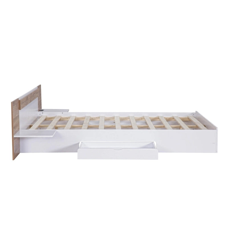 Lit plateforme grand format avec tiroirs de rangement, étagères, ports USB et prises électriques