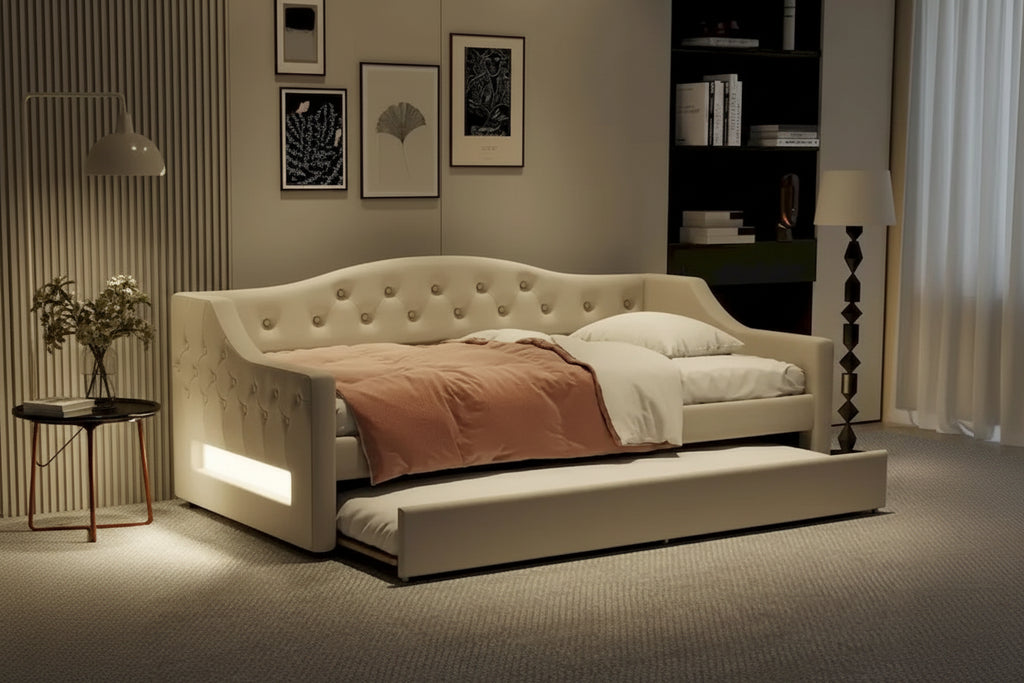 Upholstered Twin XL Size Daybed with LED Belt and Trundle, 84L x 41.5W x 27H