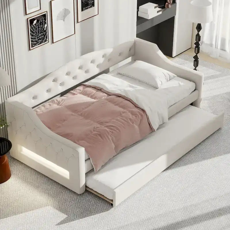 Lit de repos tapissé Twin XL avec éclairage LED et lit gigogne