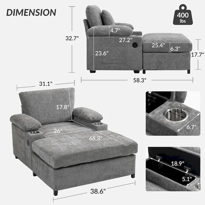 Fauteuil de salon surdimensionné avec ottoman, ports de chargement USB et canapé-lit convertible