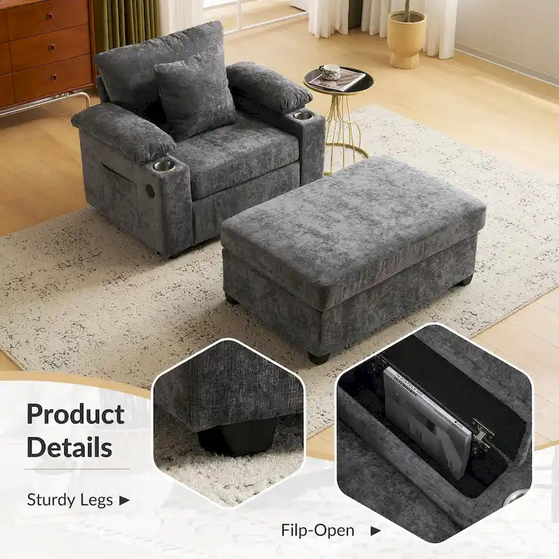 Fauteuil de salon surdimensionné avec ottoman, ports de chargement USB et canapé-lit convertible