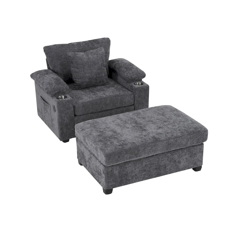 Fauteuil de salon surdimensionné avec ottoman, ports de chargement USB et canapé-lit convertible