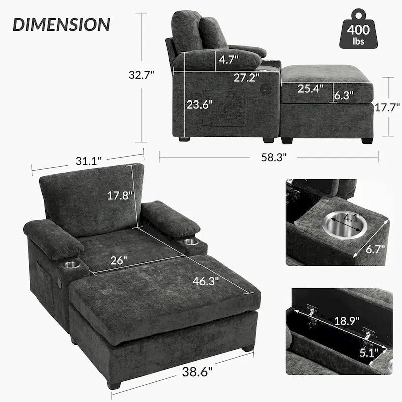Fauteuil de salon surdimensionné avec ottoman, ports de chargement USB et canapé-lit convertible