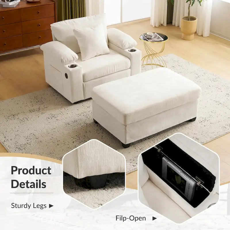 Fauteuil de salon surdimensionné avec ottoman, ports de chargement USB et canapé-lit convertible