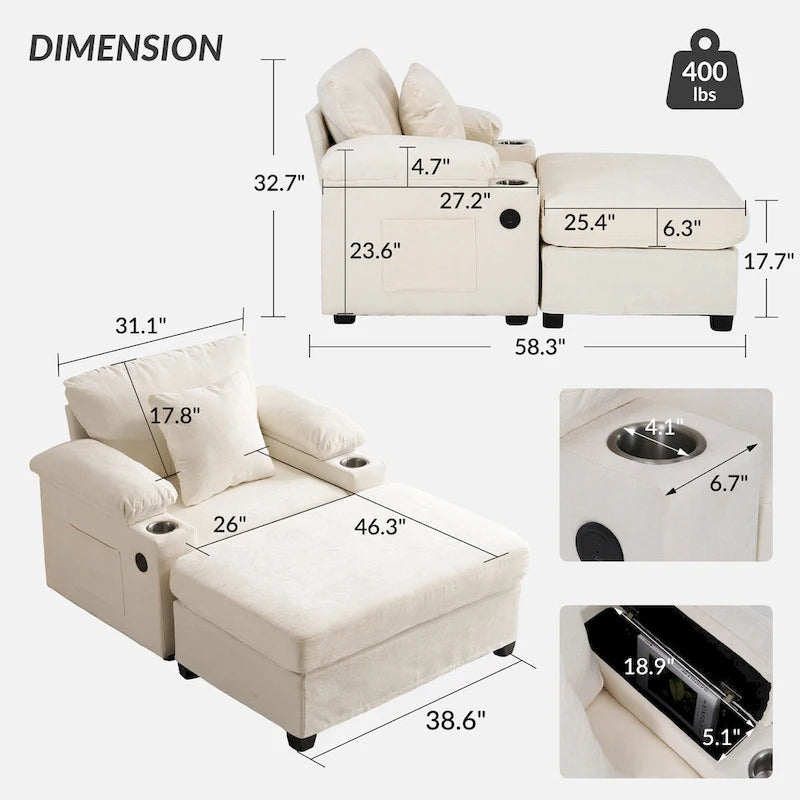 Fauteuil de salon surdimensionné avec ottoman, ports de chargement USB et canapé-lit convertible