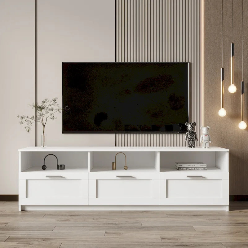 Meuble TV blanc avec 3 tiroirs et étagères ouvertes – Convient aux téléviseurs jusqu'à 80 pouces