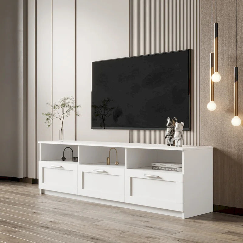 Meuble TV blanc avec 3 tiroirs et étagères ouvertes – Convient aux téléviseurs jusqu'à 80 pouces