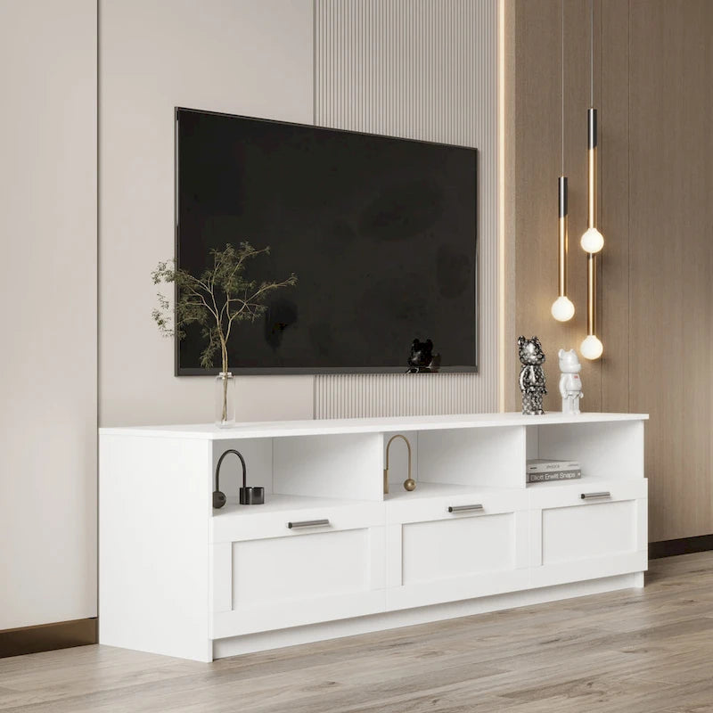 Meuble TV blanc avec 3 tiroirs et étagères ouvertes – Convient aux téléviseurs jusqu'à 80 pouces