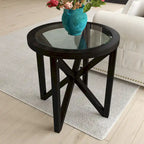 Table basse avec plateau en verre et base en bois