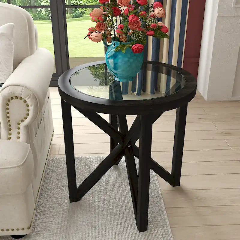 Table basse avec plateau en verre et base en bois