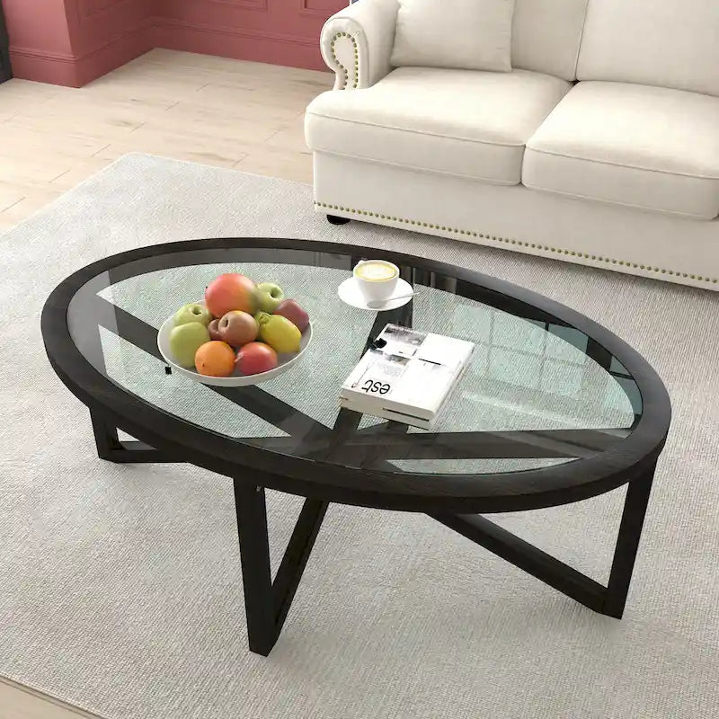 Table basse avec plateau en verre et base en bois