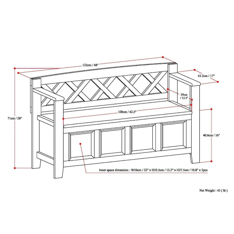 Banc de rangement en bois massif de 122 cm avec couvercle relevable