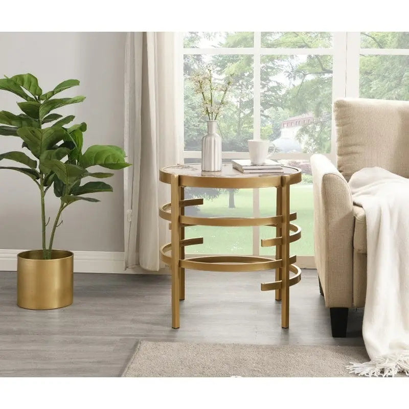 Table d'appoint ronde avec plateau en pierre frittée et cadre en métal, 52,5 cm