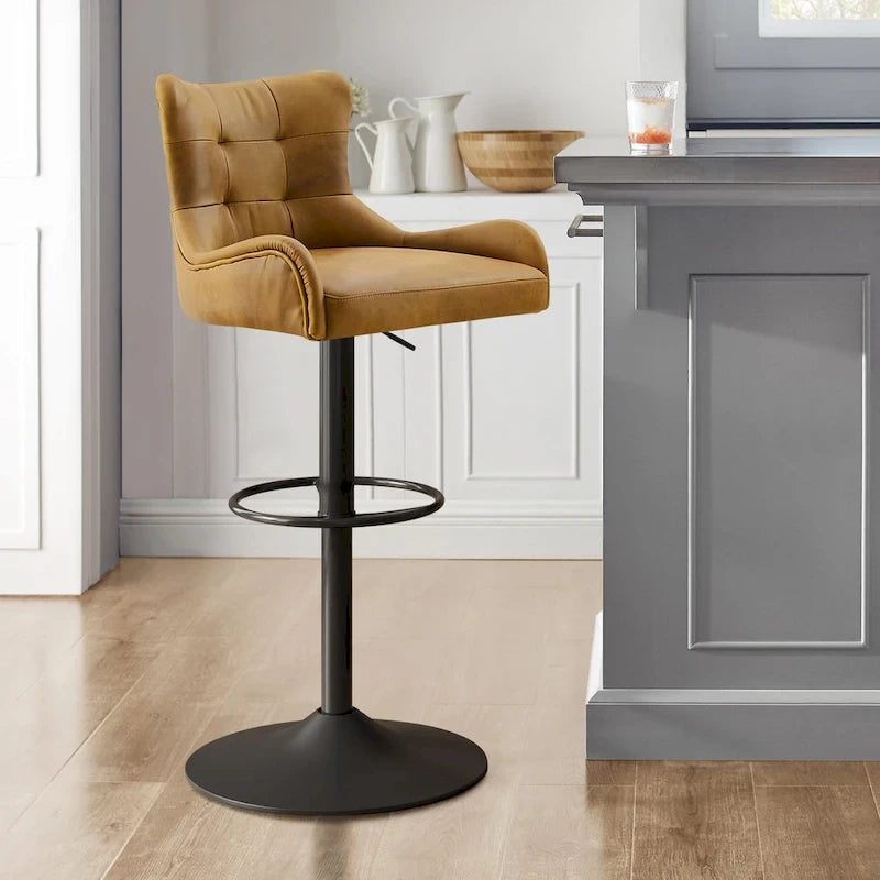 Tabouret de bar pivotant en cuir véritable avec hauteur réglable