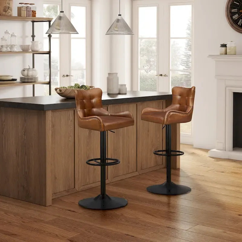 Tabouret de bar pivotant en cuir véritable avec hauteur réglable