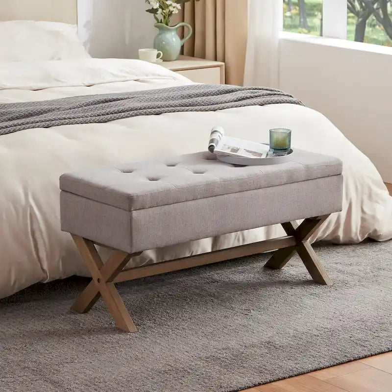 Banc de rangement capitonné avec pieds en X, 91 cm