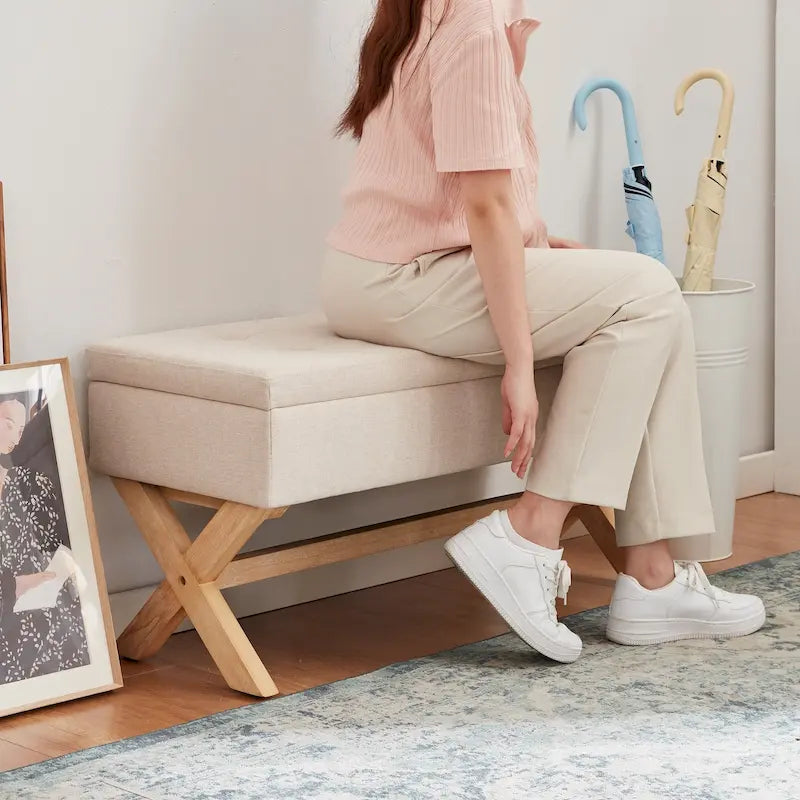 Banc de rangement capitonné avec pieds en X, 91 cm