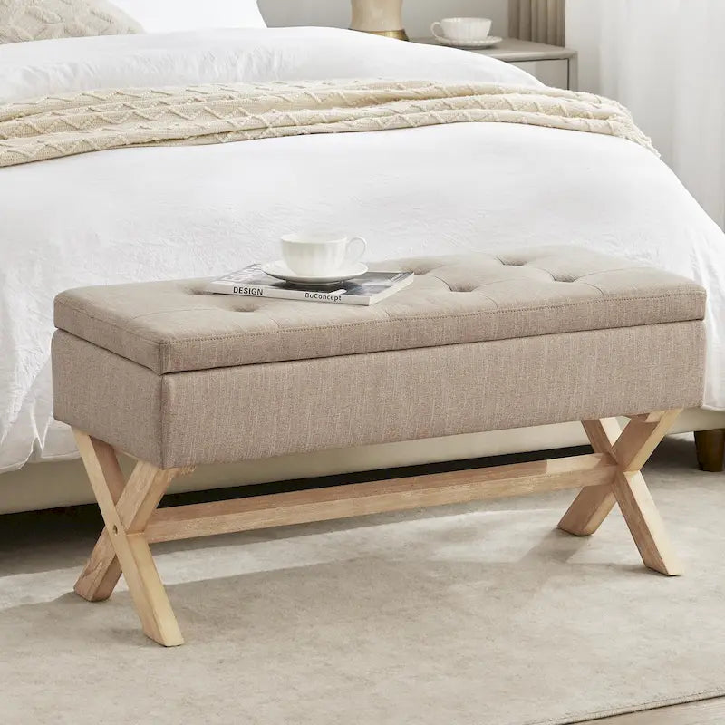 Banc de rangement capitonné avec pieds en X, 91 cm