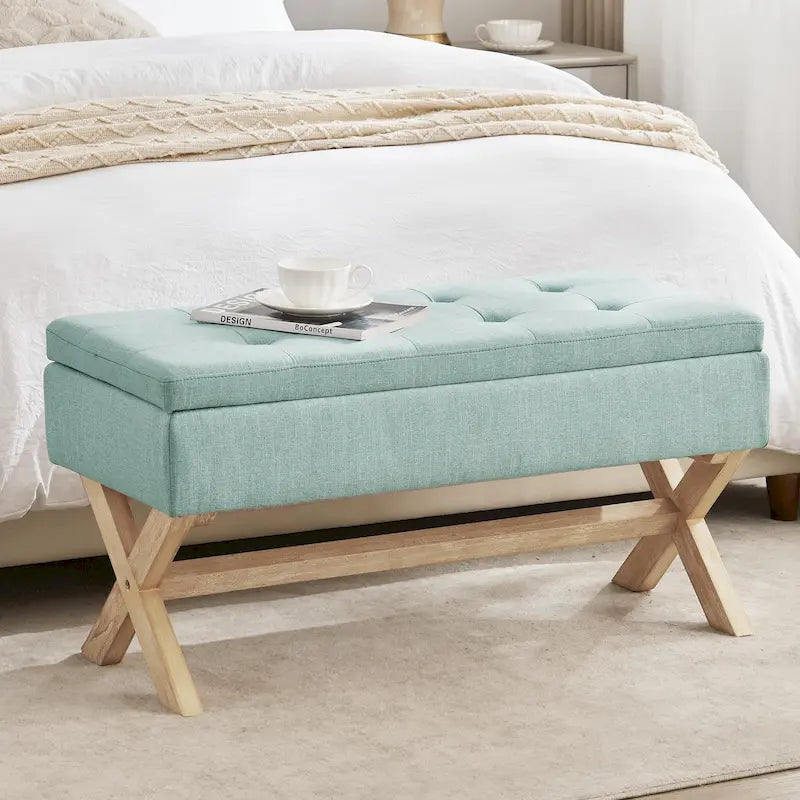 Banc de rangement capitonné avec pieds en X, 91 cm