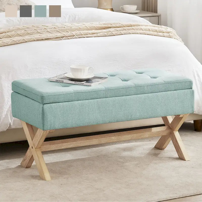 Banc de rangement capitonné avec pieds en X, 91 cm