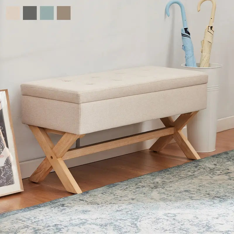 Banc de rangement capitonné avec pieds en X, 91 cm