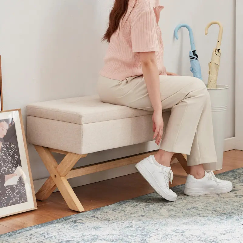 Banc de rangement capitonné avec pieds en X, 91 cm