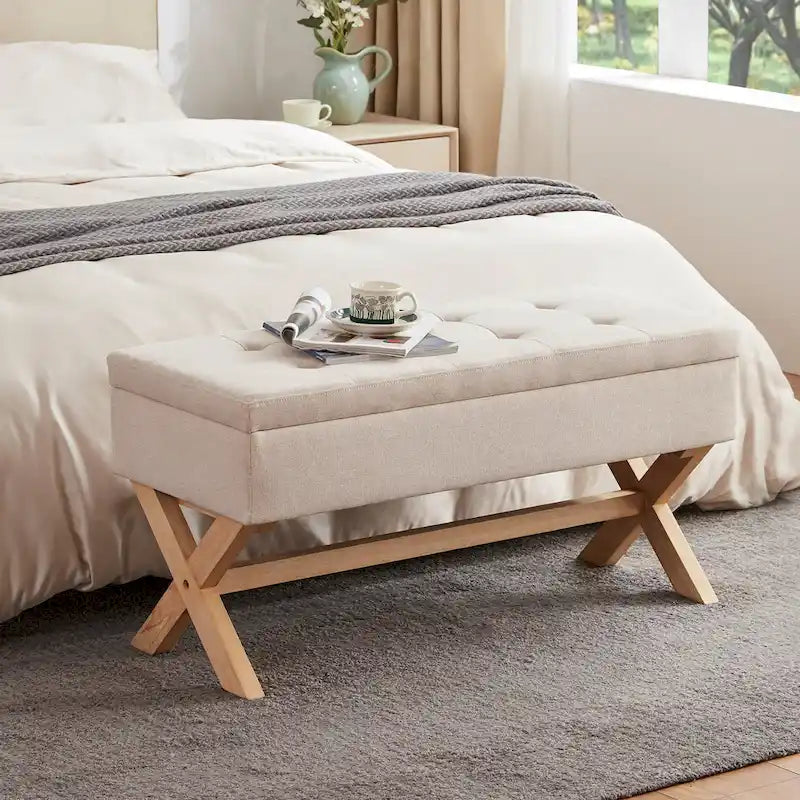 Banc de rangement capitonné avec pieds en X, 91 cm