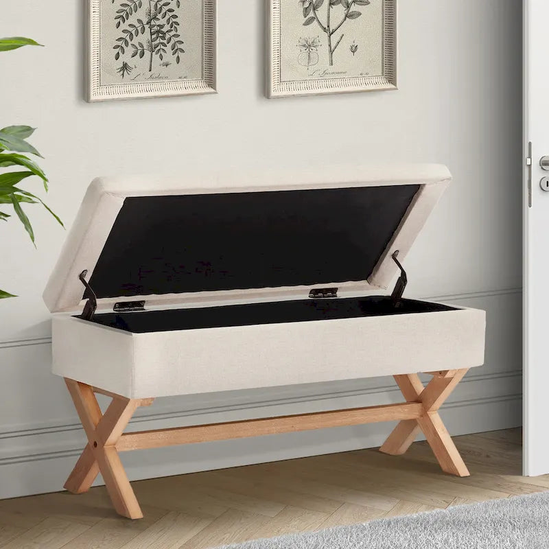 Banc de rangement capitonné avec pieds en X, 91 cm