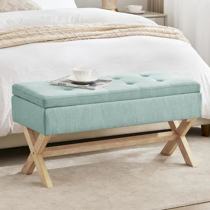 Banc de rangement capitonné avec pieds en X, 91 cm