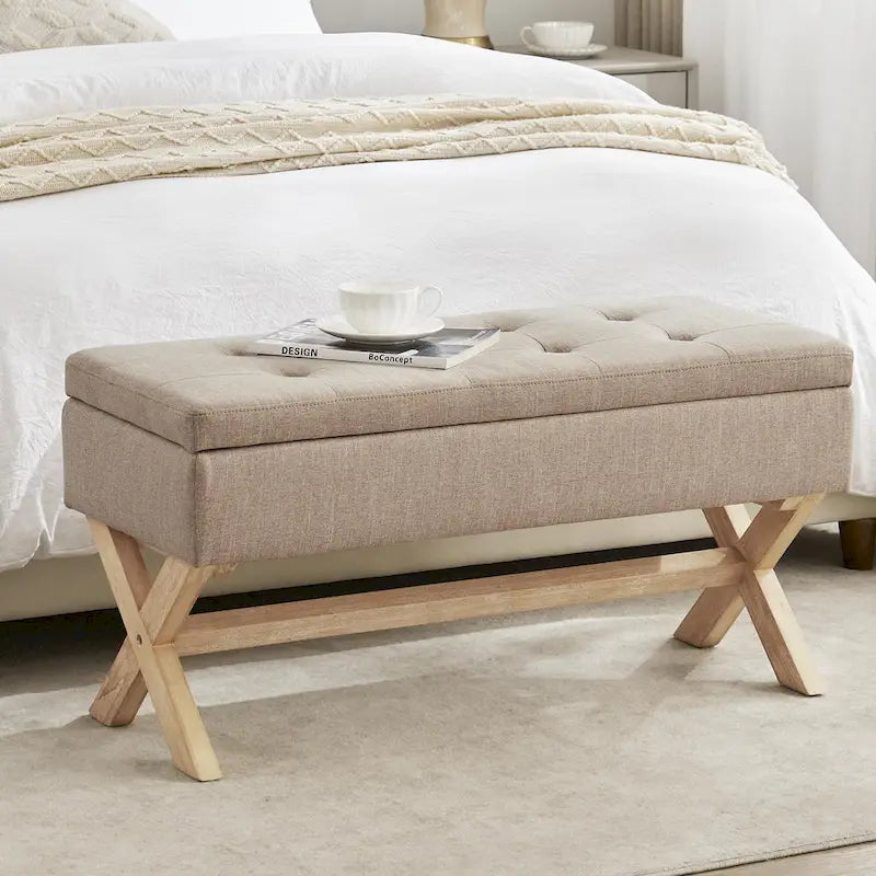 Banc de rangement capitonné avec pieds en X, 91 cm