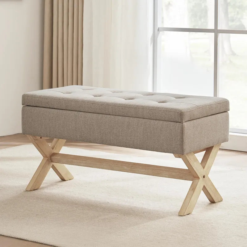 Banc de rangement capitonné avec pieds en X, 91 cm