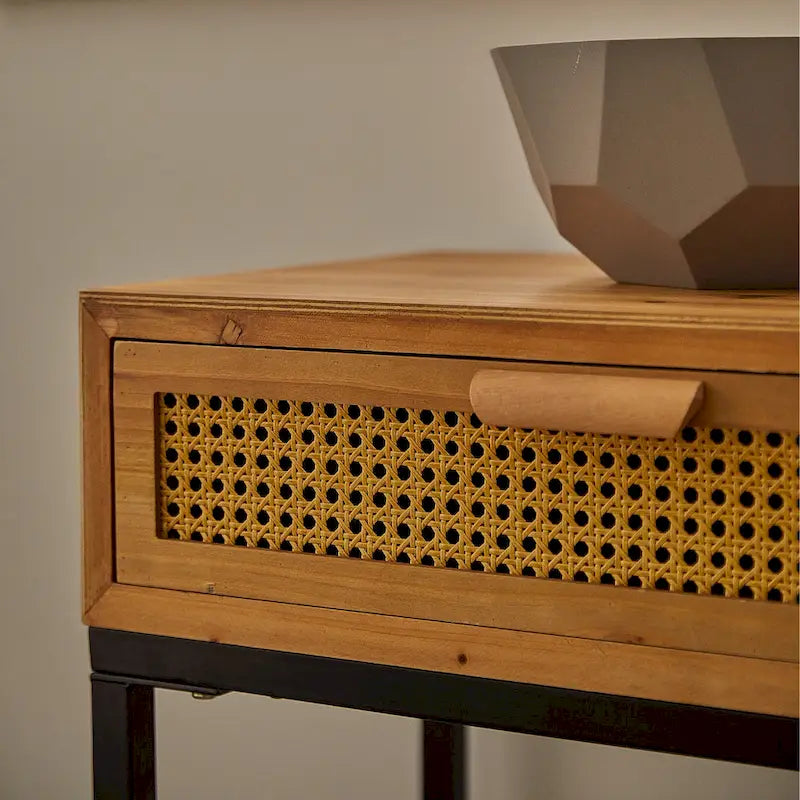 Console de 44 po avec façade tissée, cadre en métal et plateau en bois