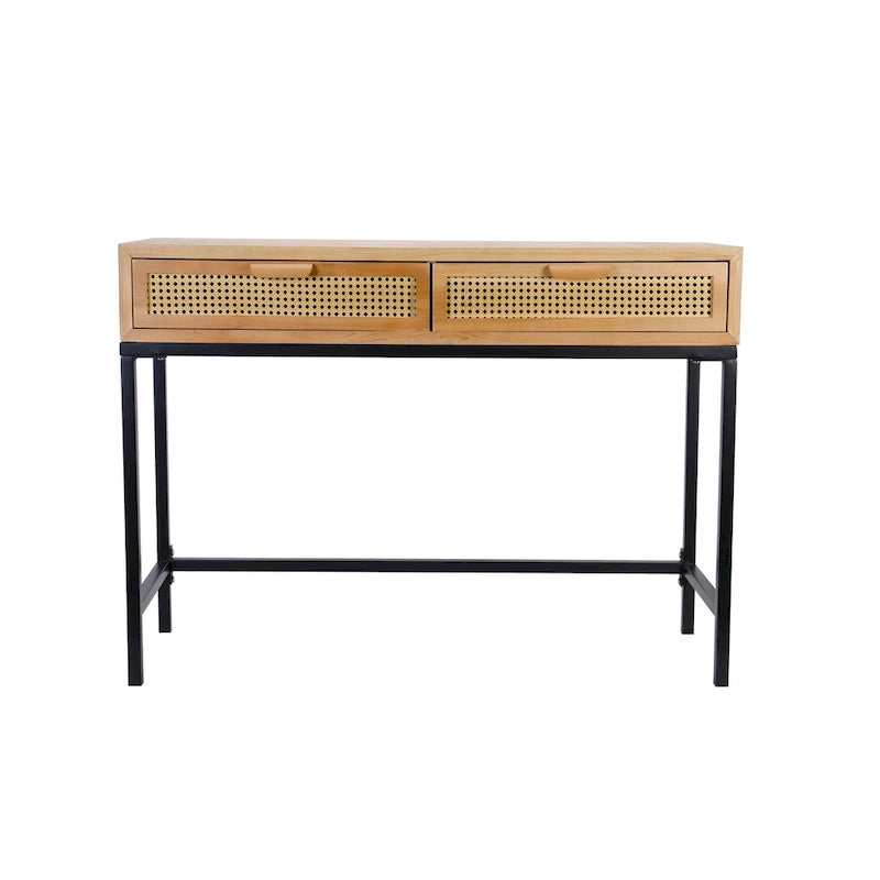 Console de 44 po avec façade tissée, cadre en métal et plateau en bois