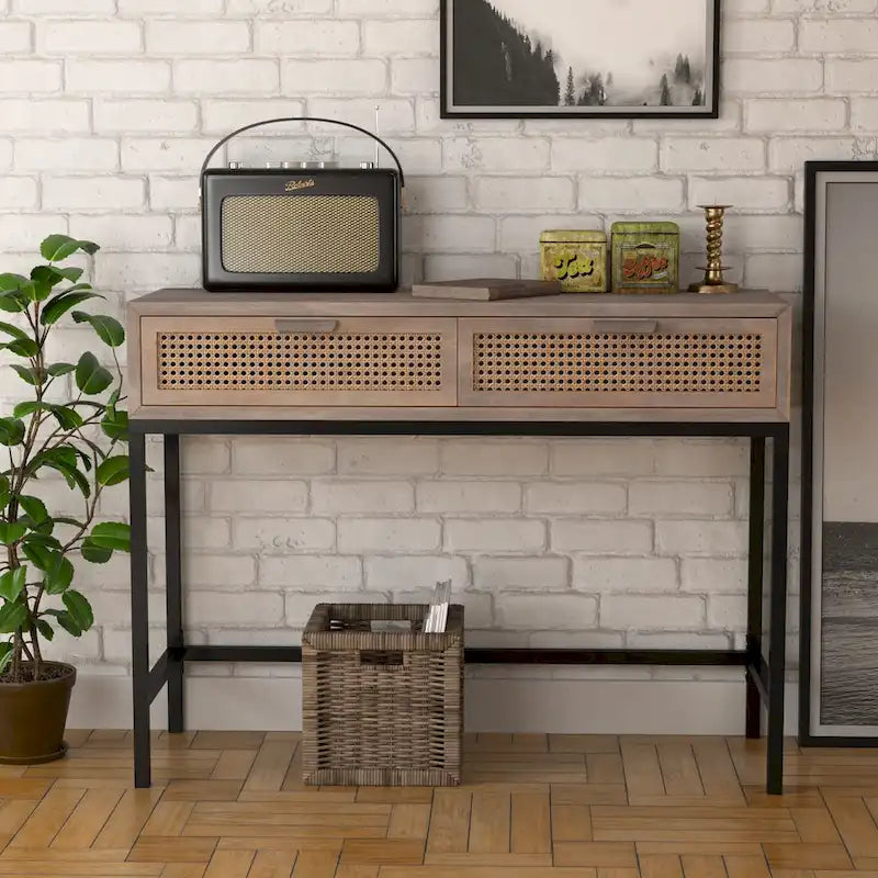 Console de 44 po avec façade tissée, cadre en métal et plateau en bois