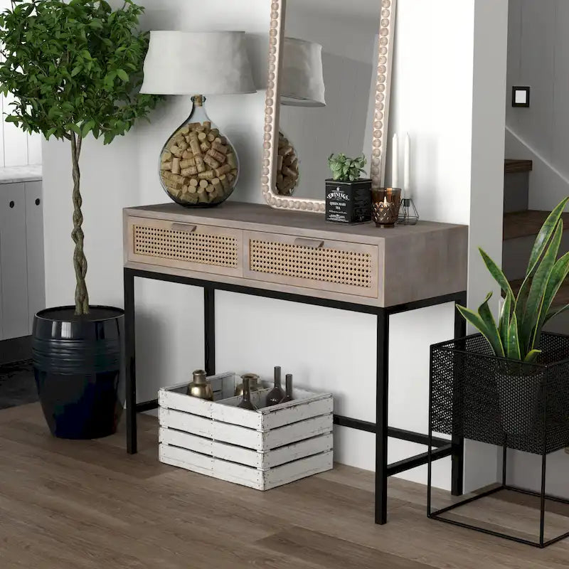 Console de 44 po avec façade tissée, cadre en métal et plateau en bois