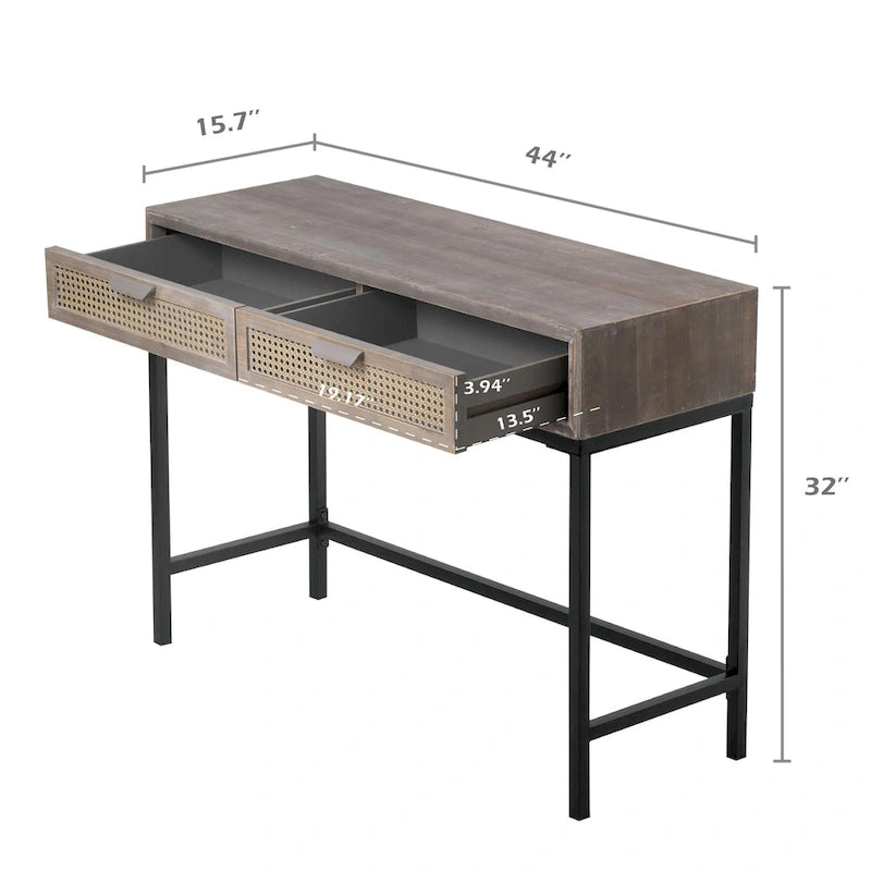 Console de 44 po avec façade tissée, cadre en métal et plateau en bois