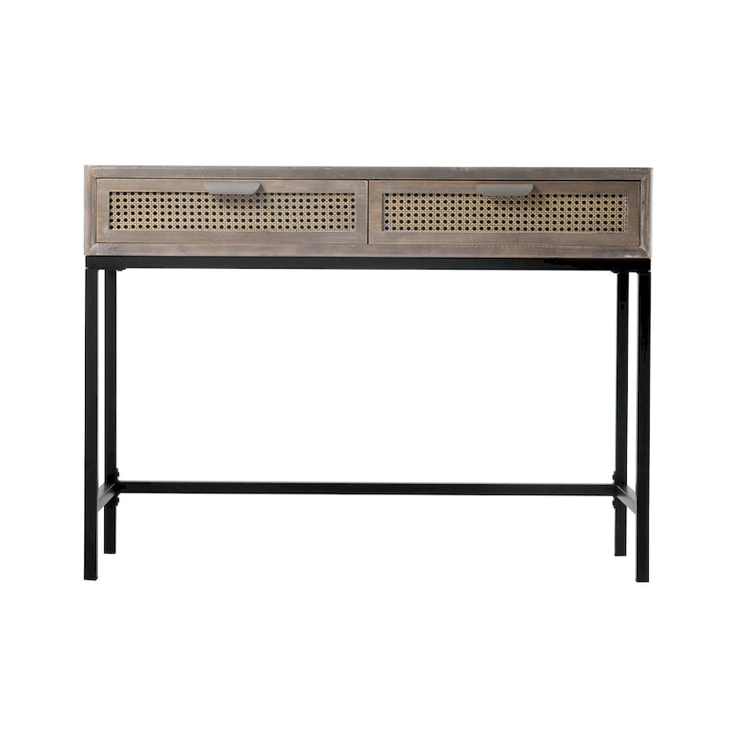 Console de 44 po avec façade tissée, cadre en métal et plateau en bois